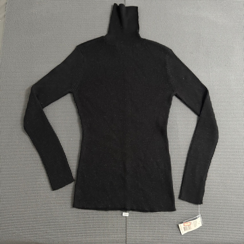 DKNY Jeans Womens Black Metallic Ribbed Turtleneck Sweater KCMU1206 Size L NWT